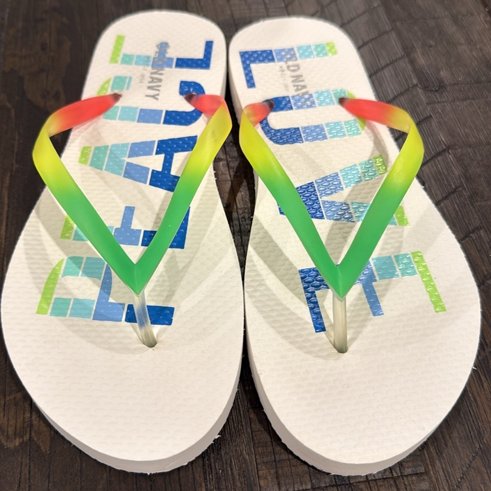 Women’s Old Navy Love Peace Flip Flops White Multi Color 6